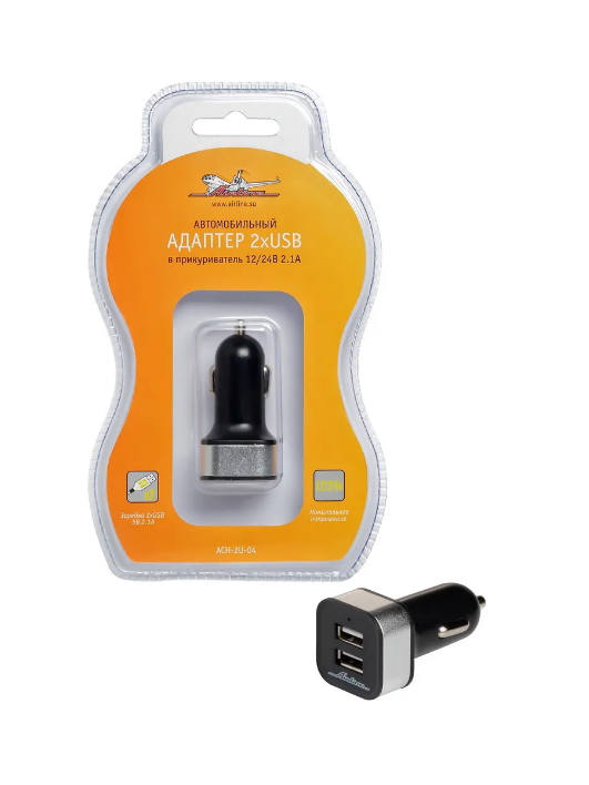Зарядное устройство (адаптер) 12v/24V выход USB*2 (1,0А+2,1A) Чёрный/Серебро, AIRLINE